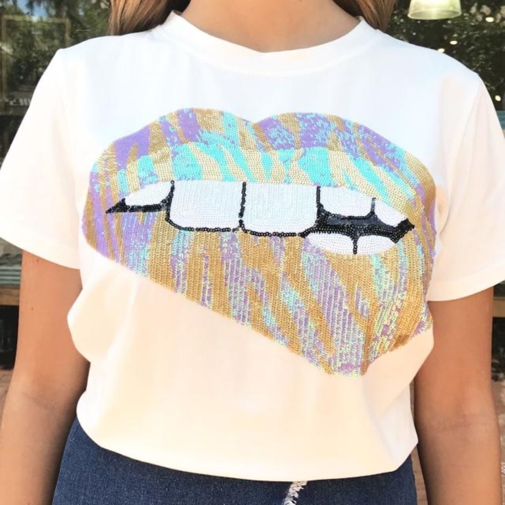White and Gold Short Sleeve Tee with Graphic Design